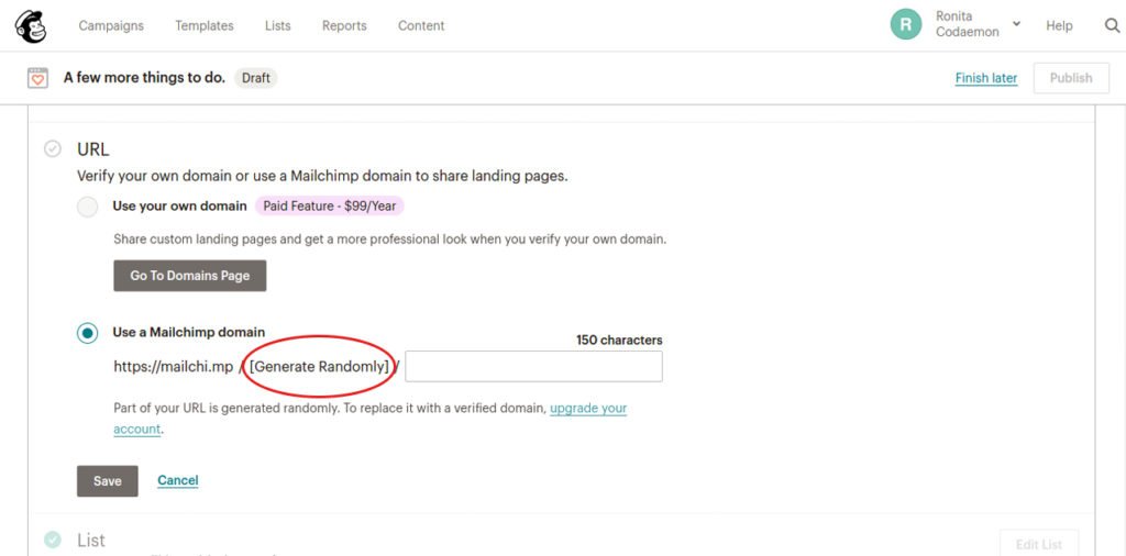 Mailchimp landing page URL