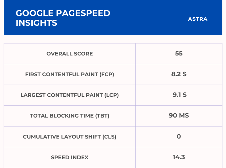 Astra Google Pagespeed Insights Score