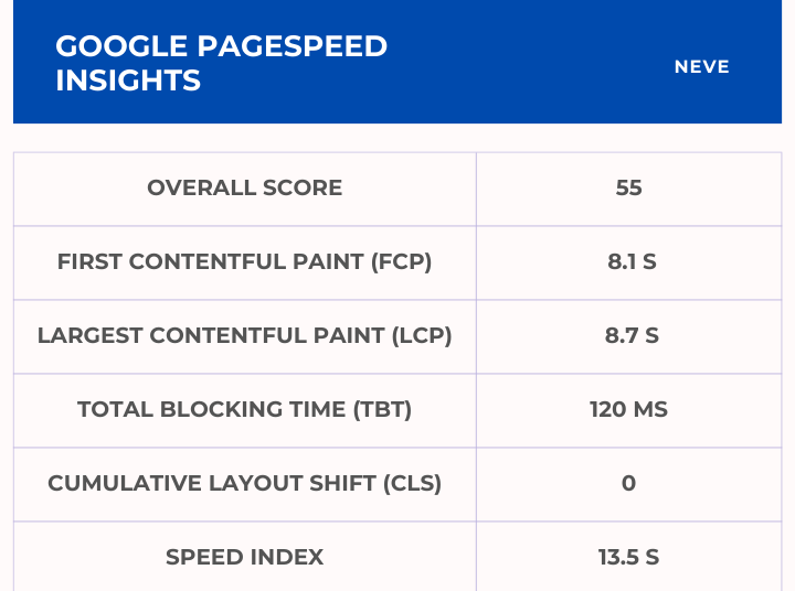 Neve Google Pagespeed Insights Score