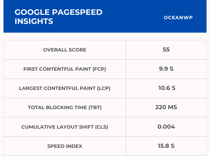 OceanWP Google Pagespeed Insights Score